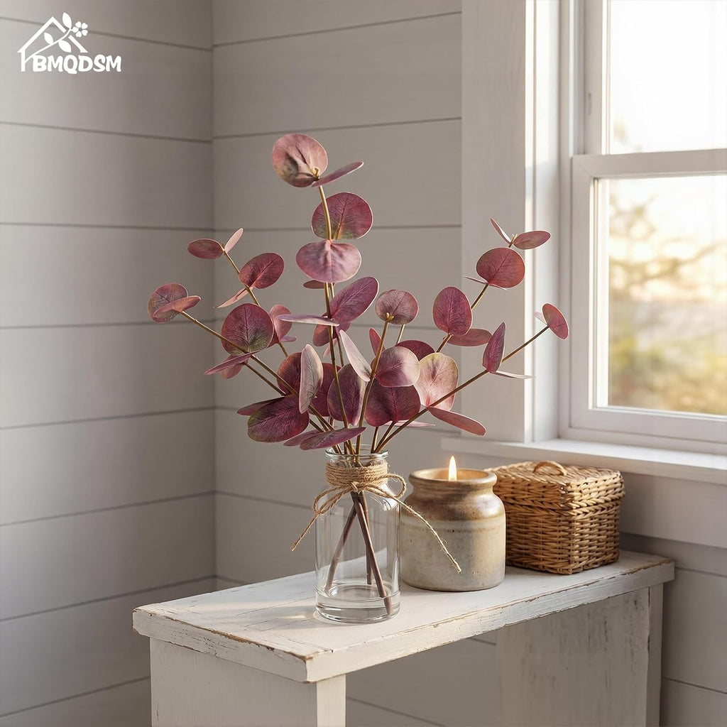 Artificial Eucalyptus Stems in Glass Vase with Faux Water,13.5" Fake Plants for Bathroom Shelf Decor, Farmhouse Centerpieces for Tables, Small Desk Plants for Home Office Decor (Purple)