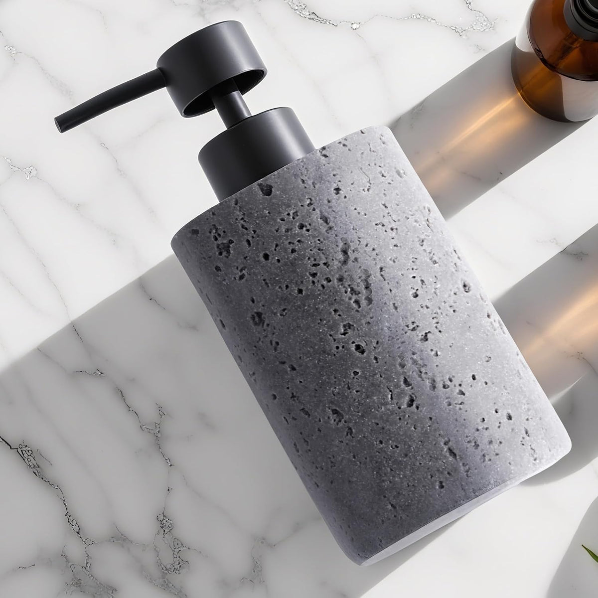 Clasin Home 2 Pack Gray Resin Soap Dispensers, Refillable Liquid Lotion Dispenser Bottles with Travertine-Look for Bathroom and Kitchen Countertop, Modern Stone Texture (10.8 oz), Spare Pump Included