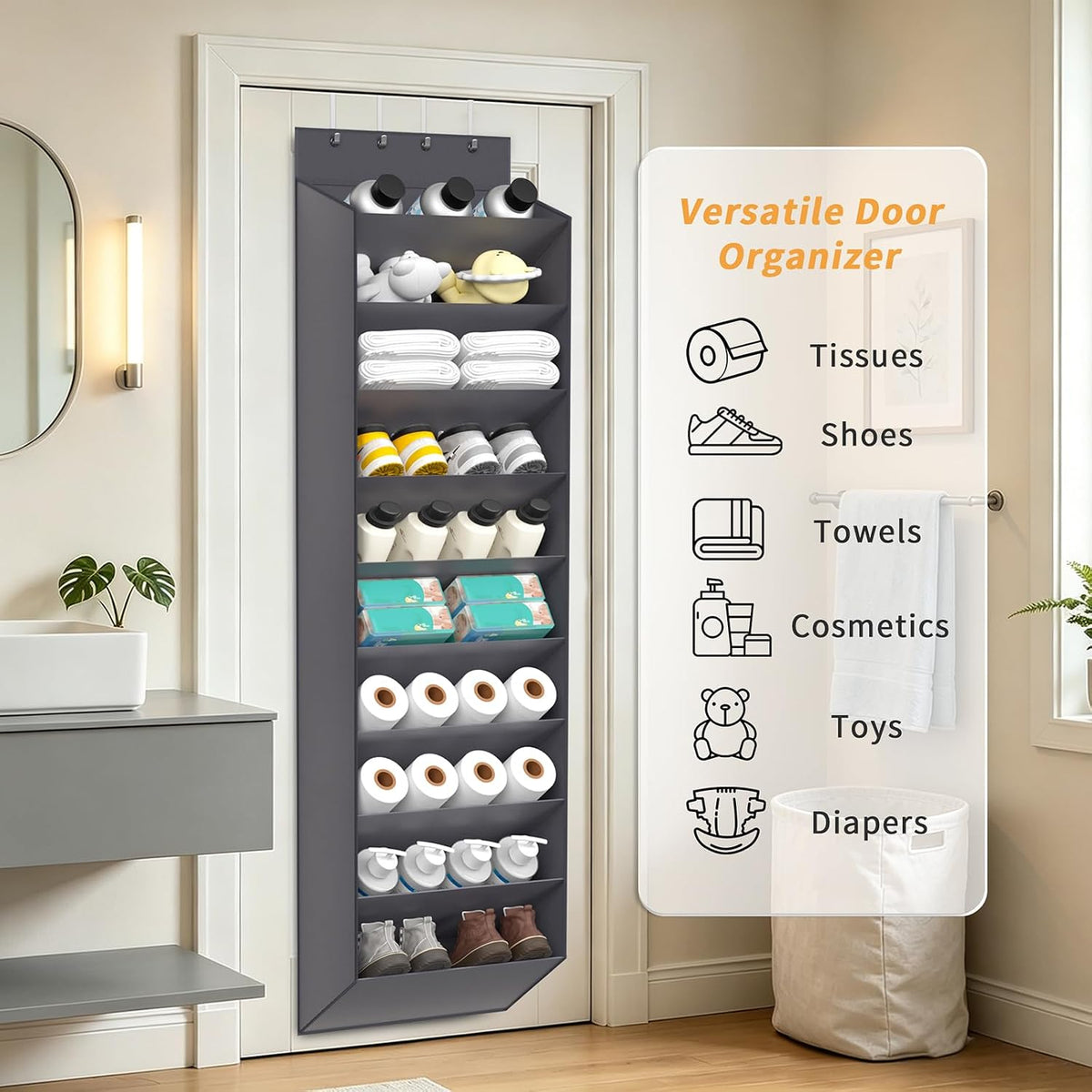 REGELETO Over-the-Door Shoe Organizer 10 Tier, Large Capacity Hanging Shoe Rack Holder for Closet Dorm Bedroom, Non-Woven Fabric with 4 Stainless Steel Hooks, Holds 20-30 Pairs Shoes （ Premium Gray）