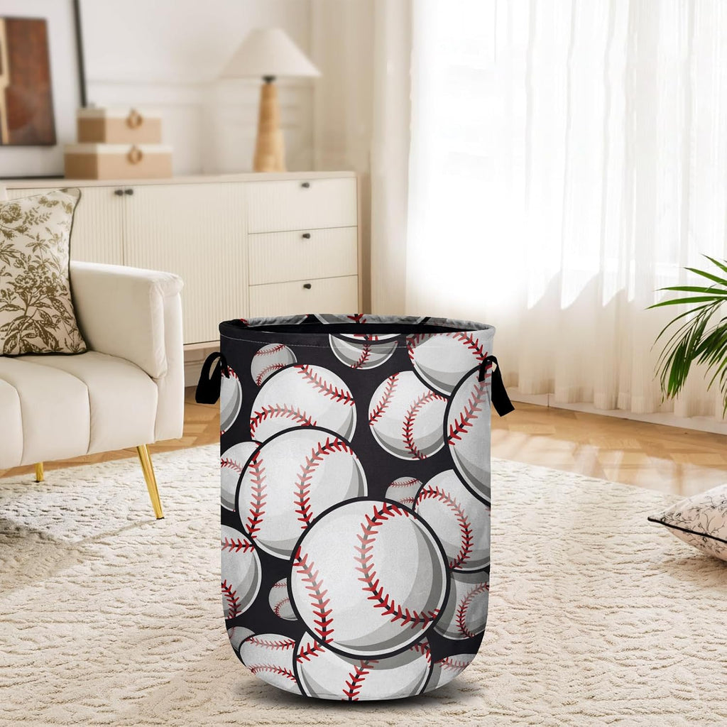 Baseball Softball Laundry Basket, Ball Laundry Hamper Collapsible Oxford Cloth with Handle Clothes Storage Bin for Bathroom Laundry Room Bedroom 15.7 X 20 Inch