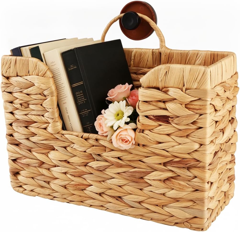 Hanging Magazine Basket, Handwoven Water Hyacinth Wall Magazine Holder with Handle for Books & Files, 11.8x4.3x7.9 Inch Water Hyacinth Farmhouse Storage Rack with Hook for Bathroom, Kitchen, Office