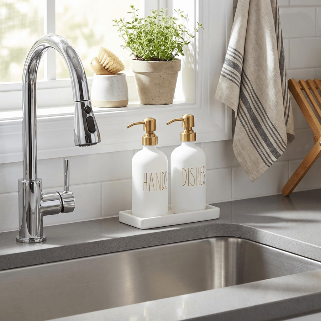 MOMEEMO Soap Dispenser Set with Ceramic Tray, Gold