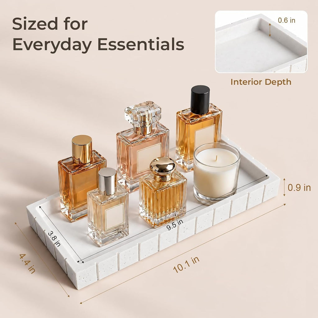 Decorative Bathroom Tray for Counter Stone Perfume Tray for Vanity, White