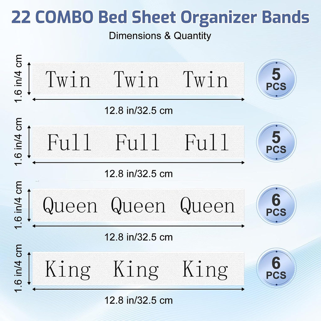 22 Pack Bed Sheet Organizer Bands, Elastic Bedding Bands Labels for Organizing Bed Sheets, Includes 6 Hook and Loop Adjustable Sheet Organizer Straps