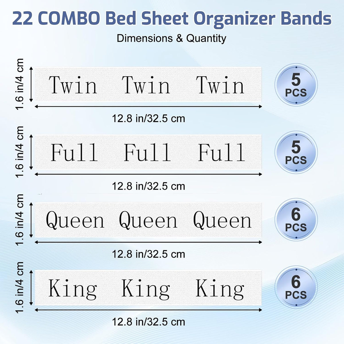 22 Pack Bed Sheet Organizer Bands, Elastic Bedding Bands Labels for Organizing Bed Sheets, Includes 6 Hook and Loop Adjustable Sheet Organizer Straps