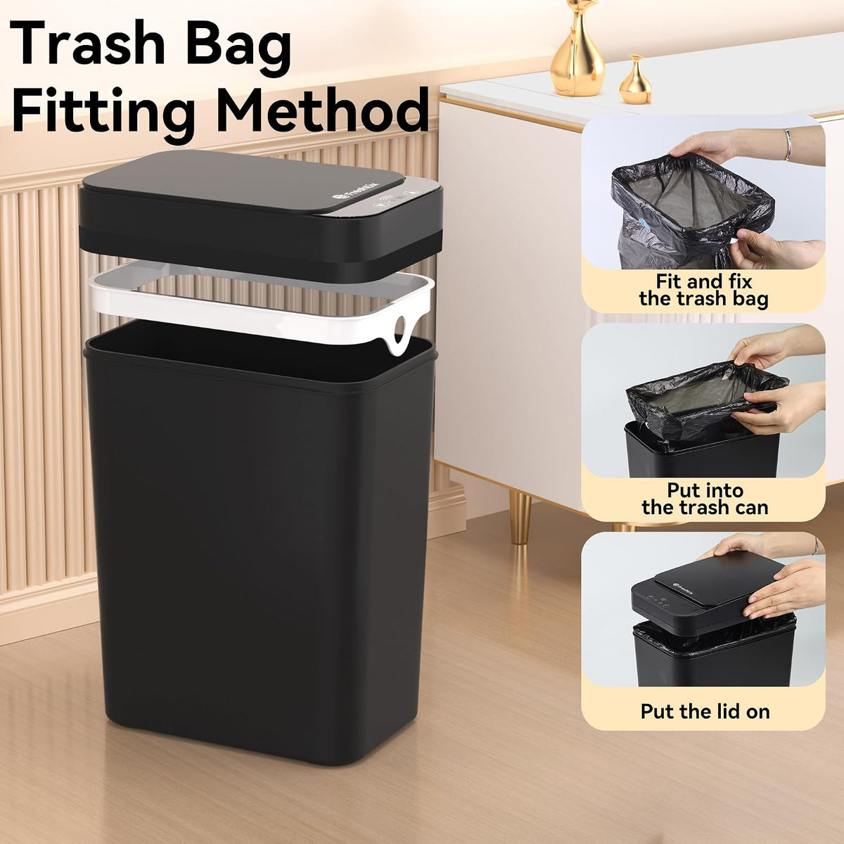 FRESHLIX 3 Pack Bathroom Trash Can 2.5 Gallon Small Touchless Automatic Motion Sensor Trash Cans Slim Waterproof Garbage Bin with Lid for Kitchen, Office, Bedroom Black