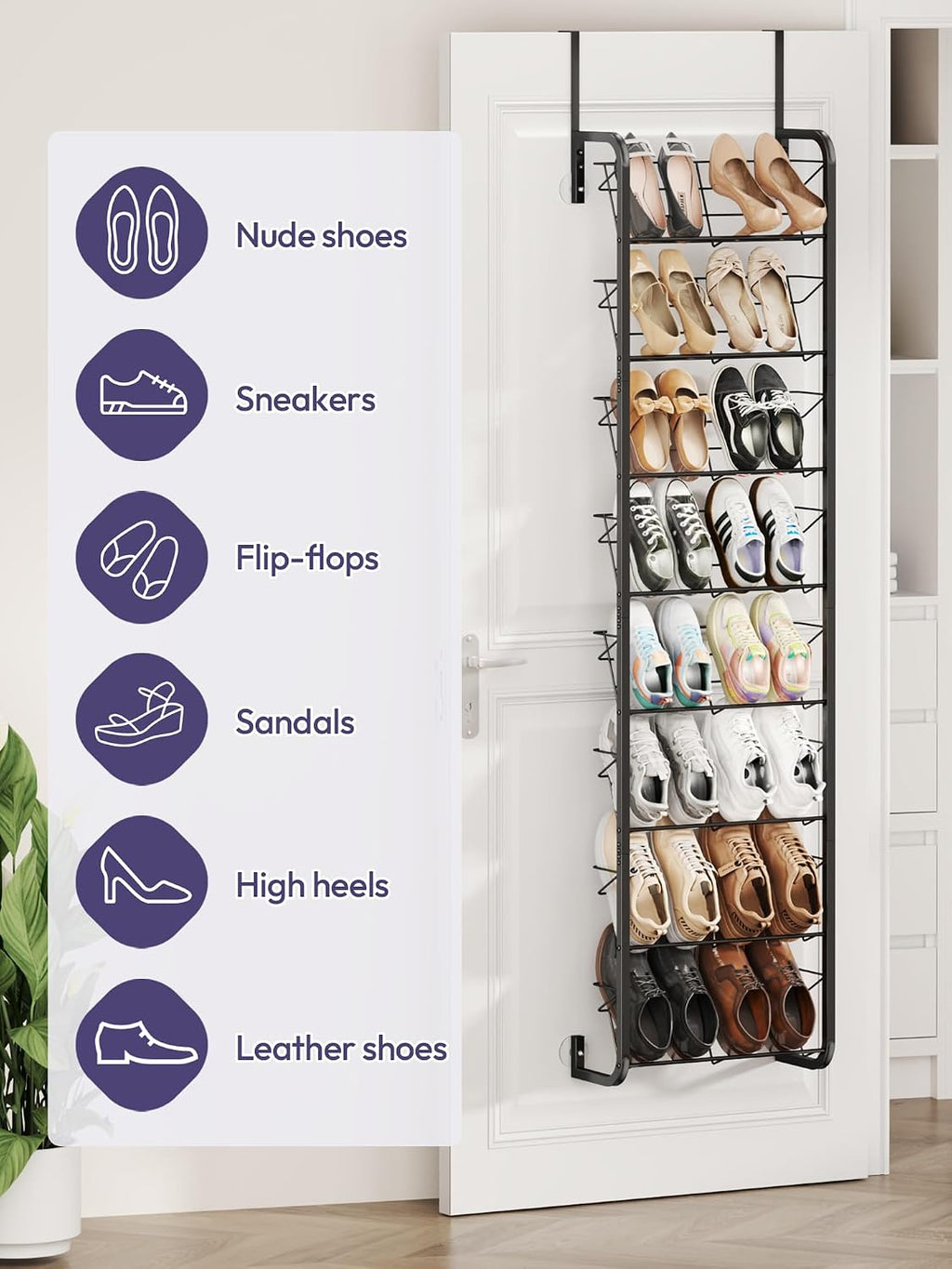 SWTYMIKI Over the Door Shoe Organizer - 8 Tier Wall Mount Shoe Rack for Door Storage- Heavy Duty Metal Hanging Shoes Shelf for Flats, Heels, Sneakers, Boots Black