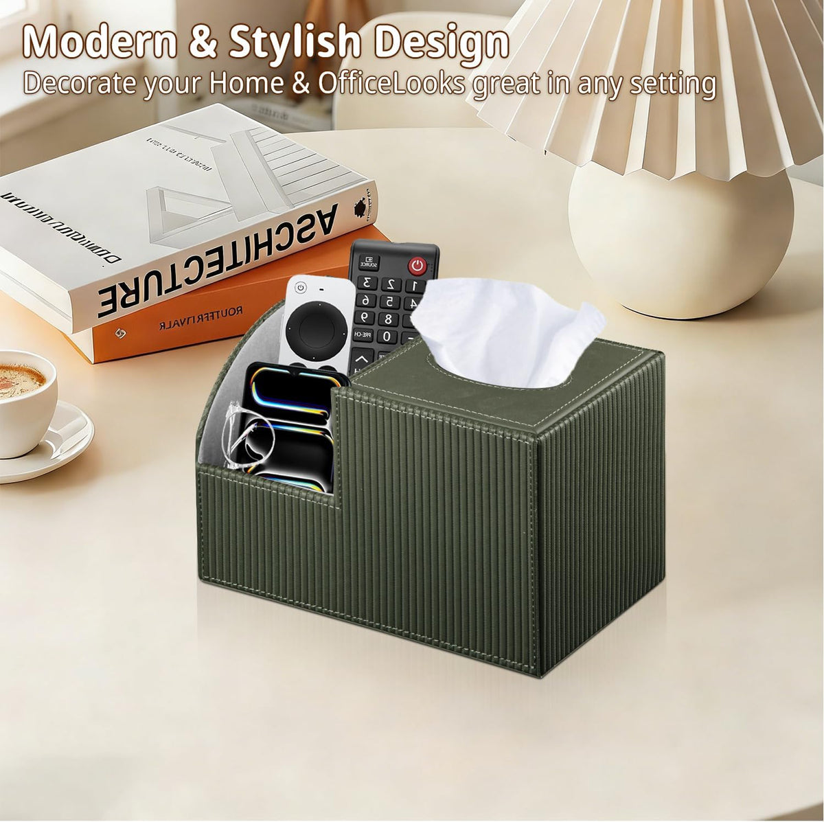 PUSU Square Tissue Box Cover with Storage and TV Remote Control Holder