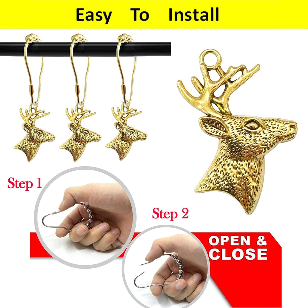 Set of 12 Deer Shower Curtain Hooks Rings Rustic Cabin Bath Christmas Theme Decoration Reindeer Antlers Stag Woodland Stainless Steel Rustproof (Gold)