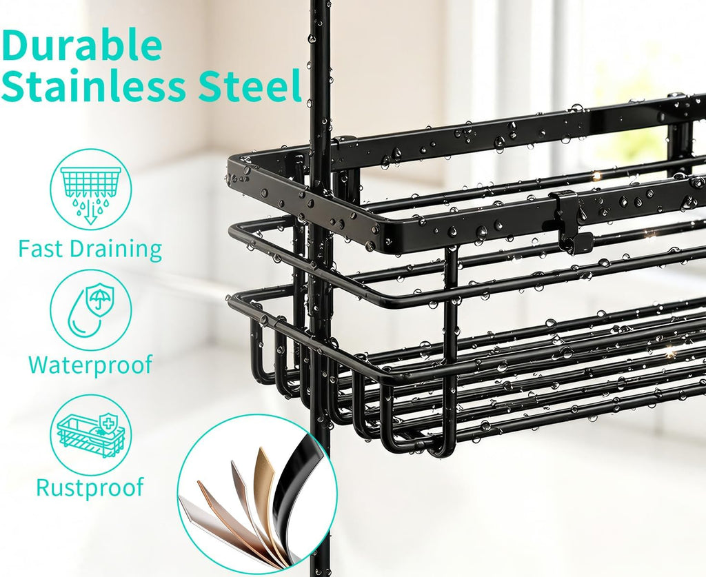 HapiRm Hanging Shower Caddy – For Renters & Small Bathrooms, Fits Shower Curtain Rods, No Drilling, 2 Rustproof 304 Shelves, 4 Hooks, and a Detachable Toothbrush Holder You Can Rinse - Black