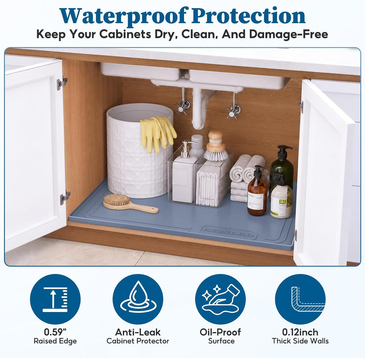 Waterproof Under Sink Mat 28"x19", Silicone Mat, Dark Blue
