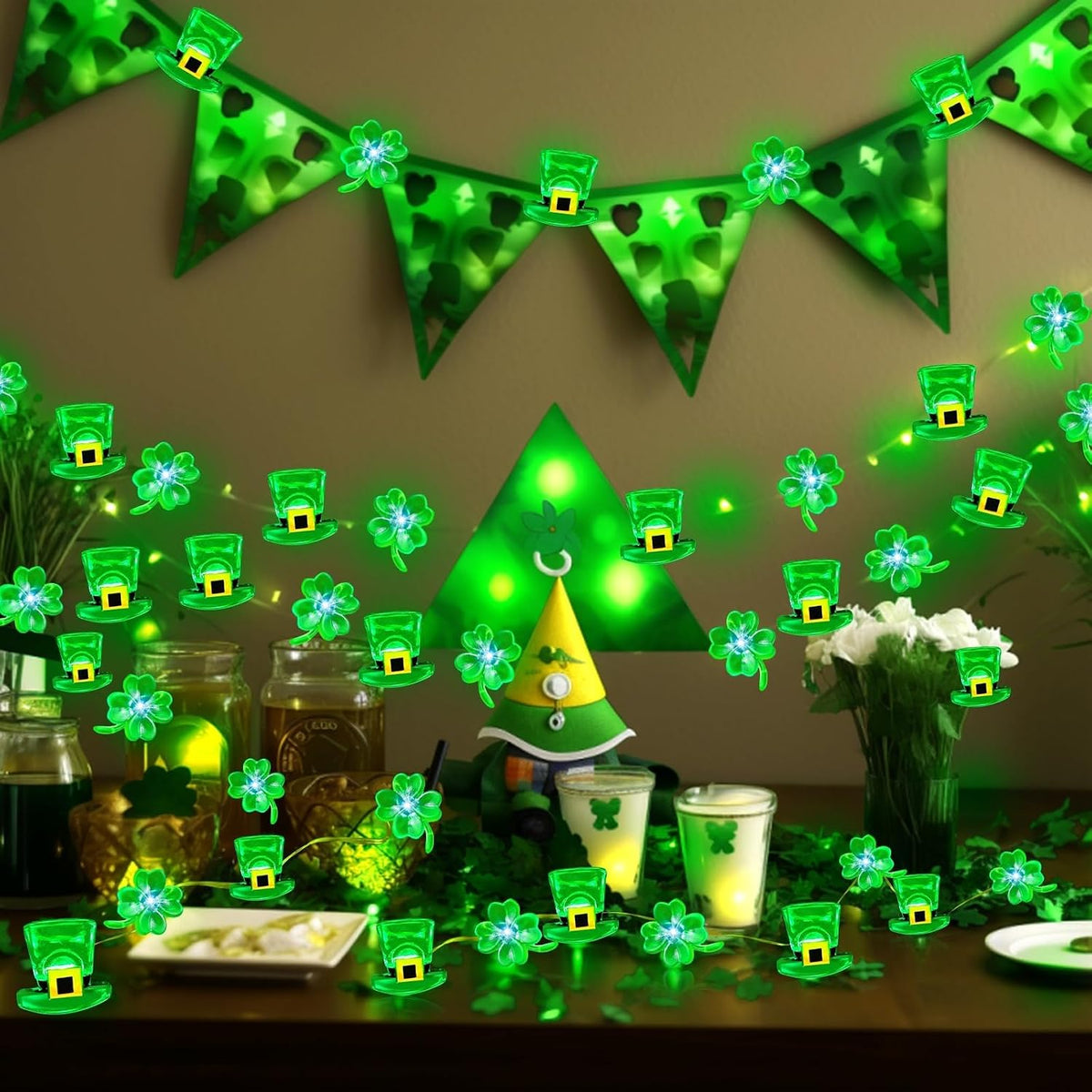 2 Pack St Patricks Day Decorations, Total 20FT 80LED Shamrocks Leprechaun Hat String Lights Timer Waterproof Lucky Clover Green Fairy Lights Battery Operated for St. Patrick's Day Decor Bedroom Party