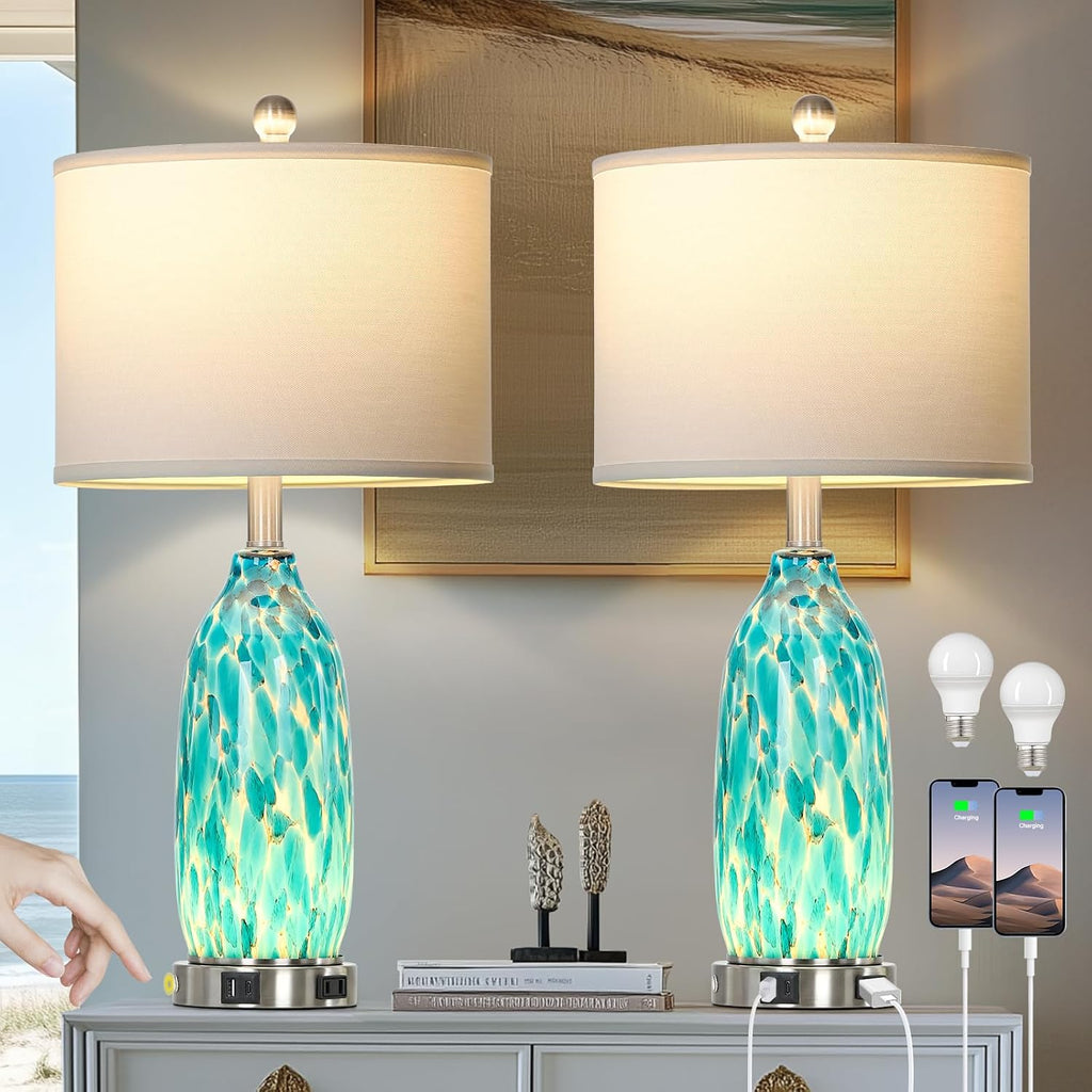 Rinweey 26" Peacock Green Glass Table Lamps Set of 2,Coastal Nautical Bedside Lamps with USB Ports & AC Outlet,Lamparas Elegantes para Cuarto with Night Light for Bedroom Living Room Decoration