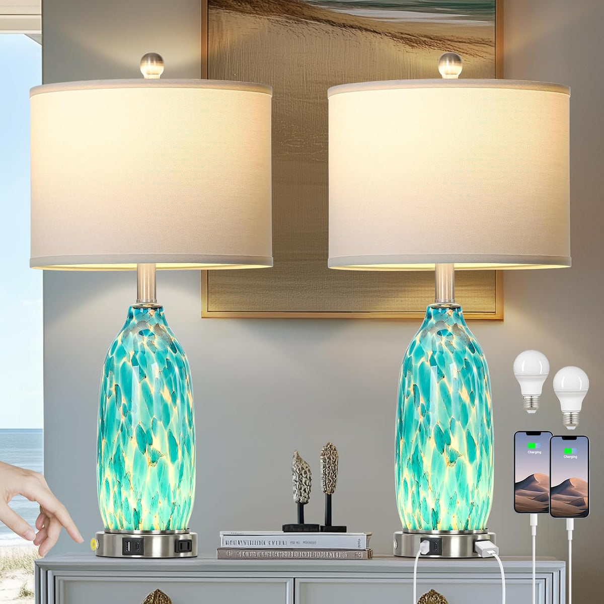 Rinweey 26" Peacock Green Glass Table Lamps Set of 2,Coastal Nautical Bedside Lamps with USB Ports & AC Outlet,Lamparas Elegantes para Cuarto with Night Light for Bedroom Living Room Decoration