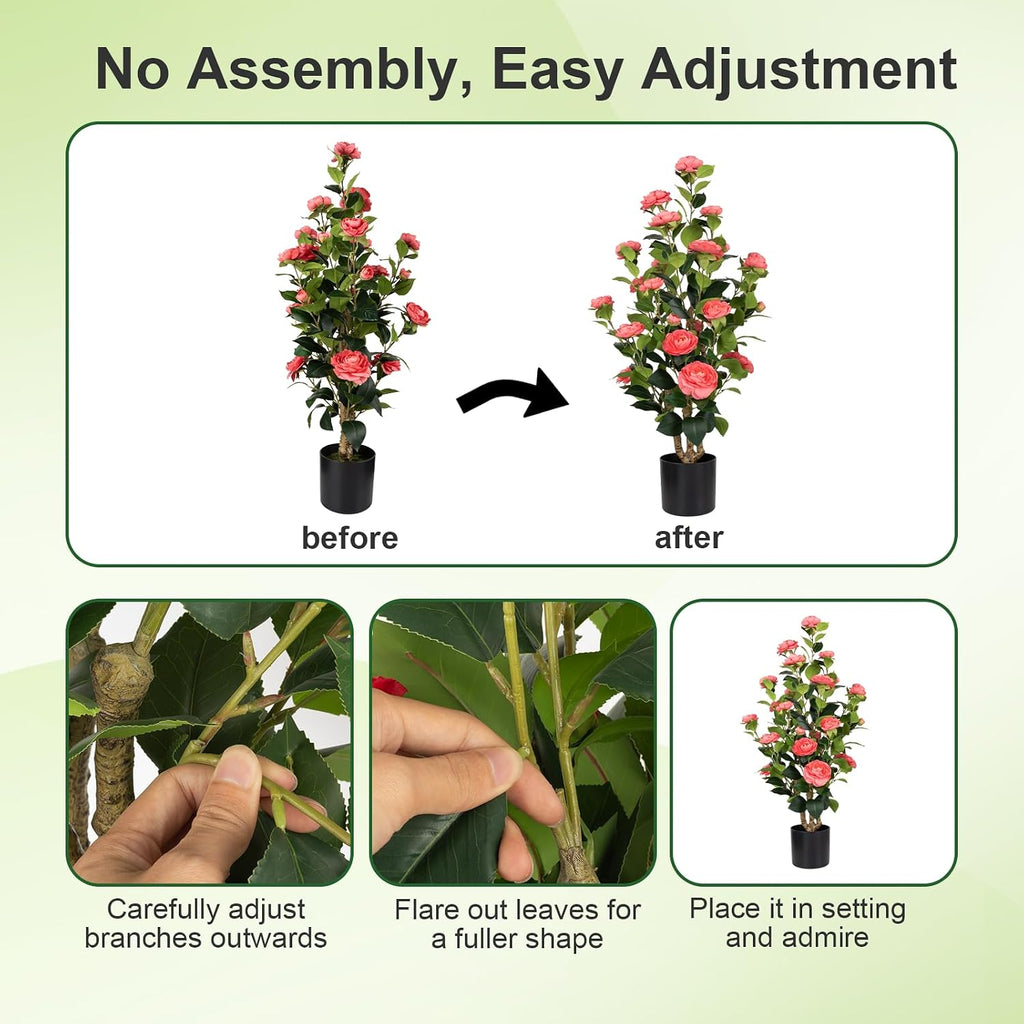 Romantic Season 2Pack Artificial Camellia Tree 3FT, Pink Faux Camellia Plant Fake Potted Camellia Flower Tree Plastic Camellia Tree for Modern Home Office Living Room Floor Décor Indoor