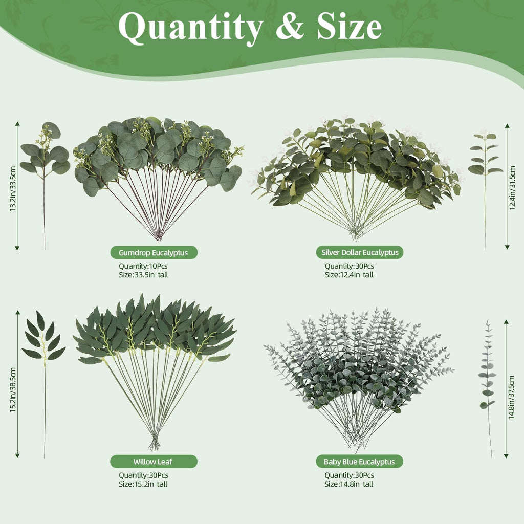 100Pcs Eucalyptus Leaves Stems Bulk, 4 Kinds Mixed Artificial Greenery Stems Faux Sliver Dollar Fake Greenery for Centerpieces Wedding DIY Bouquets Floral Arrangement Party Decor