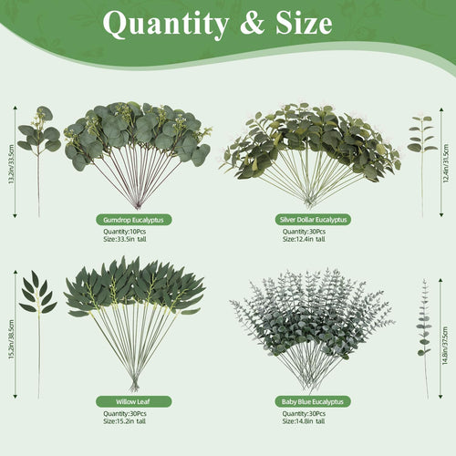 100Pcs Eucalyptus Leaves Stems Bulk, 4 Kinds Mixed Artificial Greenery Stems Faux Sliver Dollar Fake Greenery for Centerpieces Wedding DIY Bouquets Floral Arrangement Party Decor