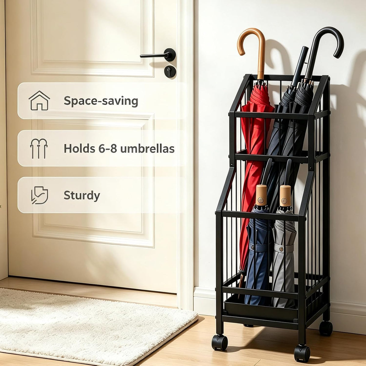 Umbrella Holder for Entryway, Umbrella Storage Stand with Removable Drip Tray & 4 Wheels, Holds 6-8 Umbrellas, 26 Inch Tall Metal Umbrella Rack for Indoor Home Office