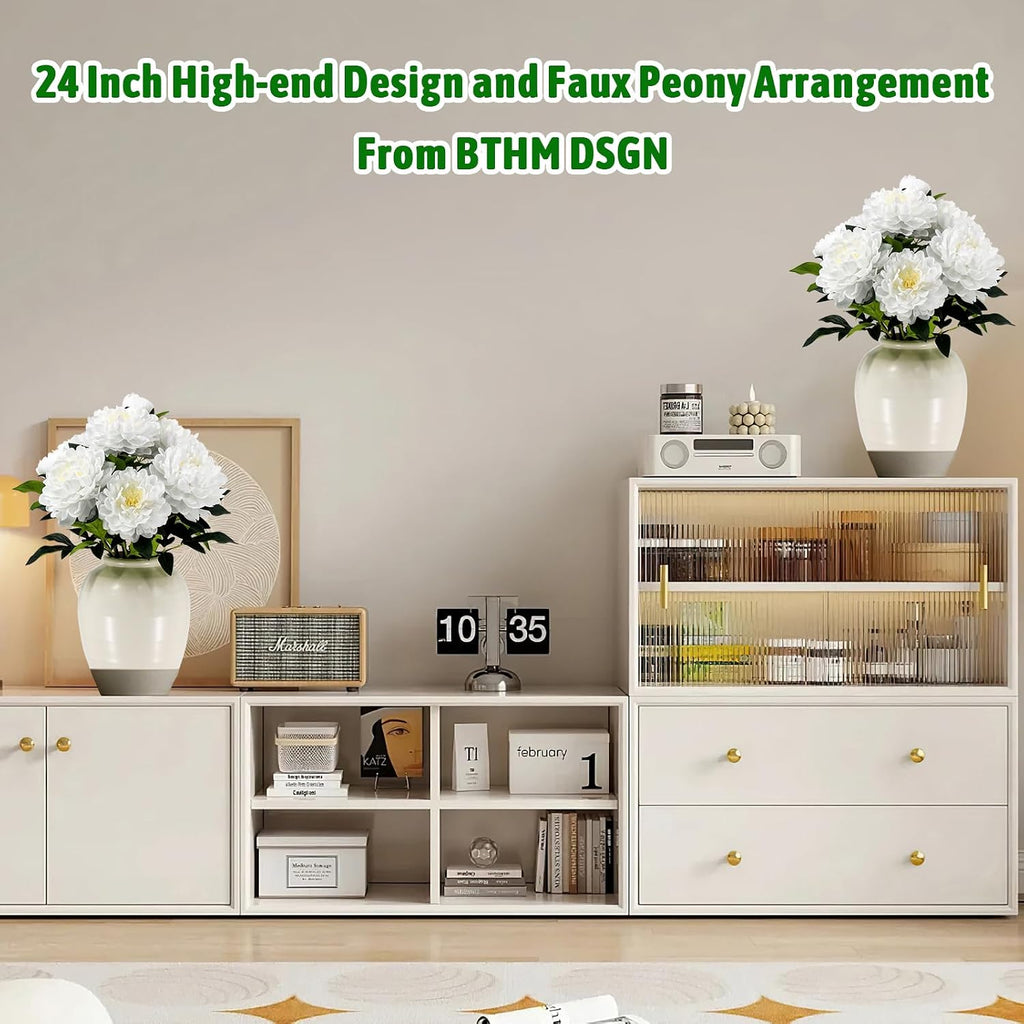 Faux Peony Plant 2FT Tall, Realistic Touch Leaves, Potted Peony Artificial Plants Indoor for Home Decor Small Office Home Living Room-White