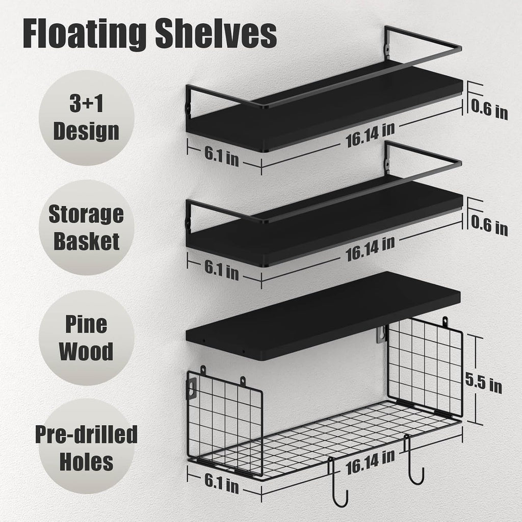 Black Floating Shelves with S Hooks, Wall Mounted Bathroom Shelves Over Toilet with Toilet Paper Basket, Bathroom Organizers and Storage, Small Corner Shelf for Bedroom Home Room Wall Decor