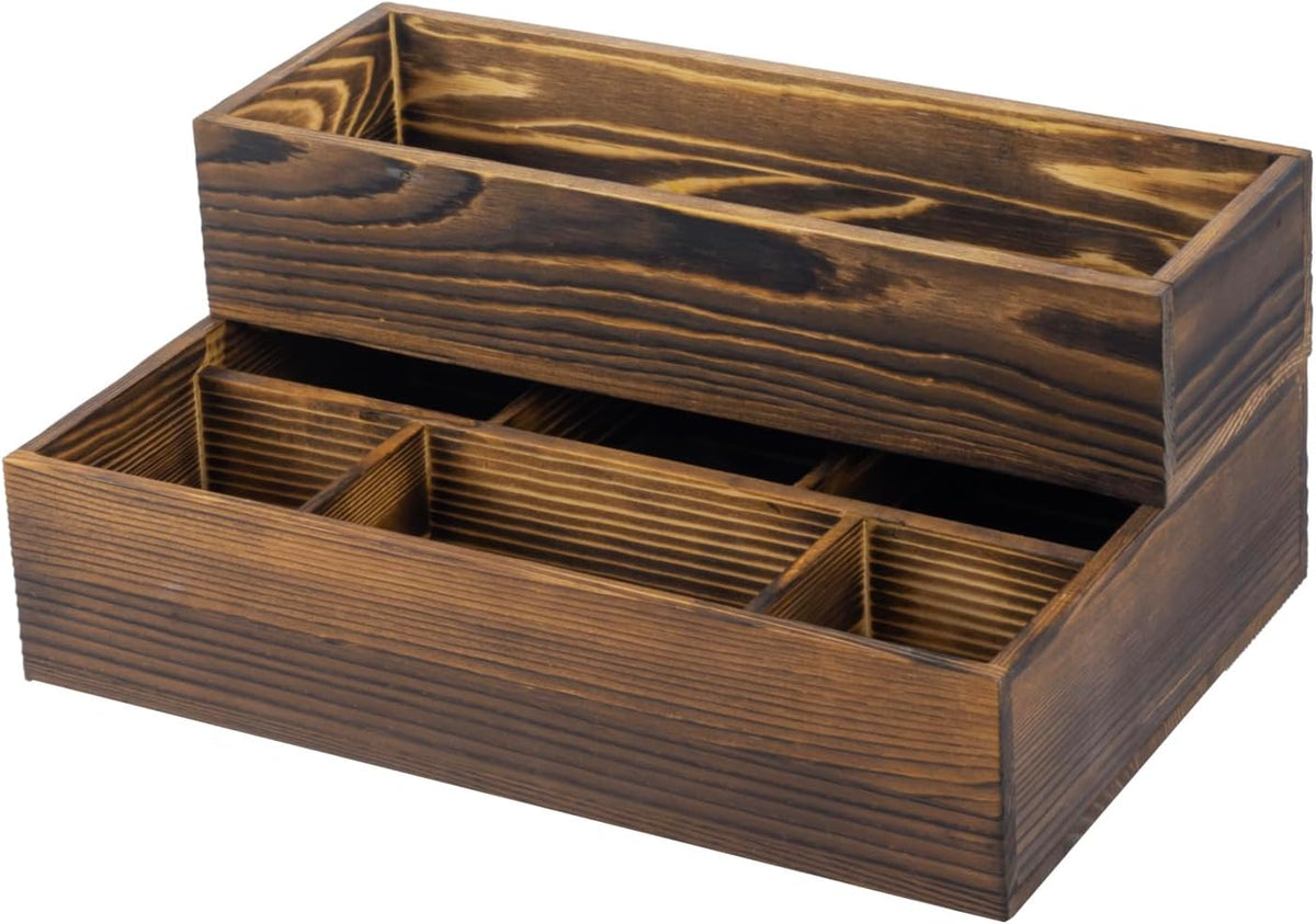 MyGift Counter Storage Organizer, 2 Tier Rustic Burnt Solid Wood Stackable Modular Vanity Countertop Storage Organizer Trays, Decorative Bathroom Makeup Cosmetic Box, 2 Piece Set
