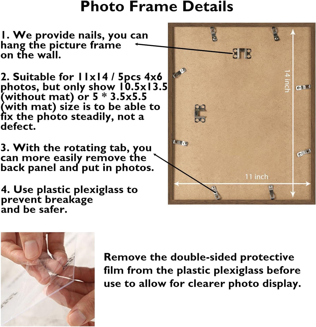 JCJMY 11x14 Picture Frame, 4x6 Collage Picture Frame, Display 5 Pcs 4x6 Photos or 11x14 Picture, Five Opening 4x6 Collage Frame for Wall Hanging, Lightweight 4 x 6 Multi Pictures Frame, Brown