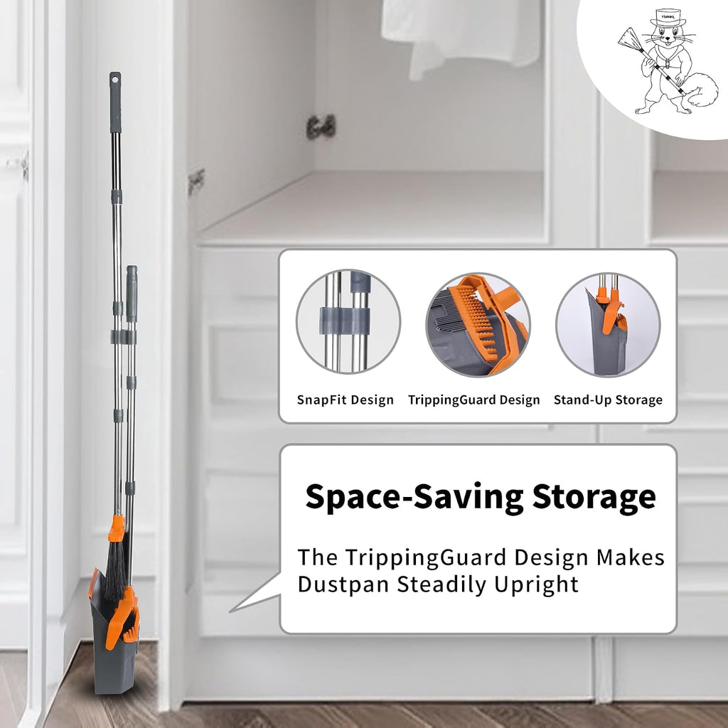 Broom and Dustpan Set for Home, 51" Long Handle Standing Pan Grey Orange