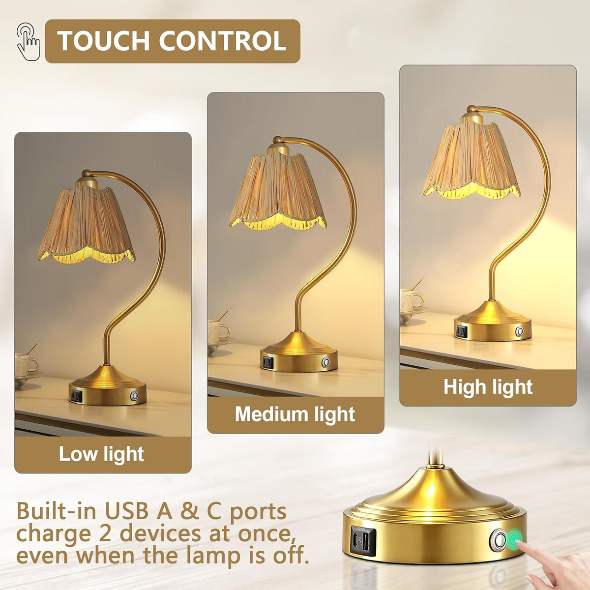 Set of 2 Boho Rattan Small Touch Table Lamps with USB C+A Ports