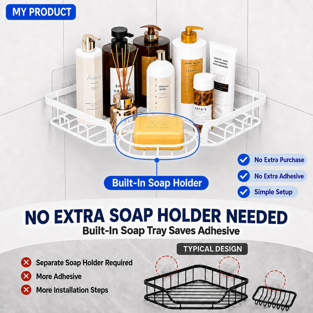 Corner Shower Caddy, Rustproof Shower Organizer with Soap Holder and 8 Hooks, No Drilling Adhesive Shower Shelves for Inside Shower, Large Capacity Shower Rack for Bathroom Shower Storage, White