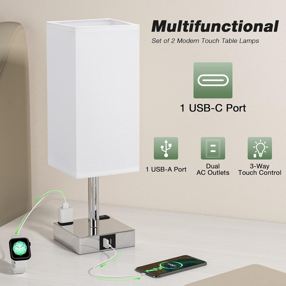 Touch Table Lamps Set of 2 for Bedroom - Dimmable, USB C+A, 2 AC Outlets