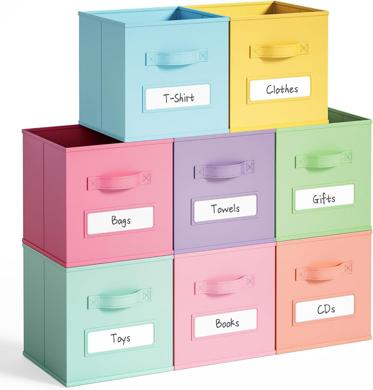 11 inch Fabric Storage Cubes 8 Pack with labels Window, Foldable Storage Bins for Shelves and Closet Organizers, Colorful Storage Basket for Nursery Kids Room Clothes Book Toy