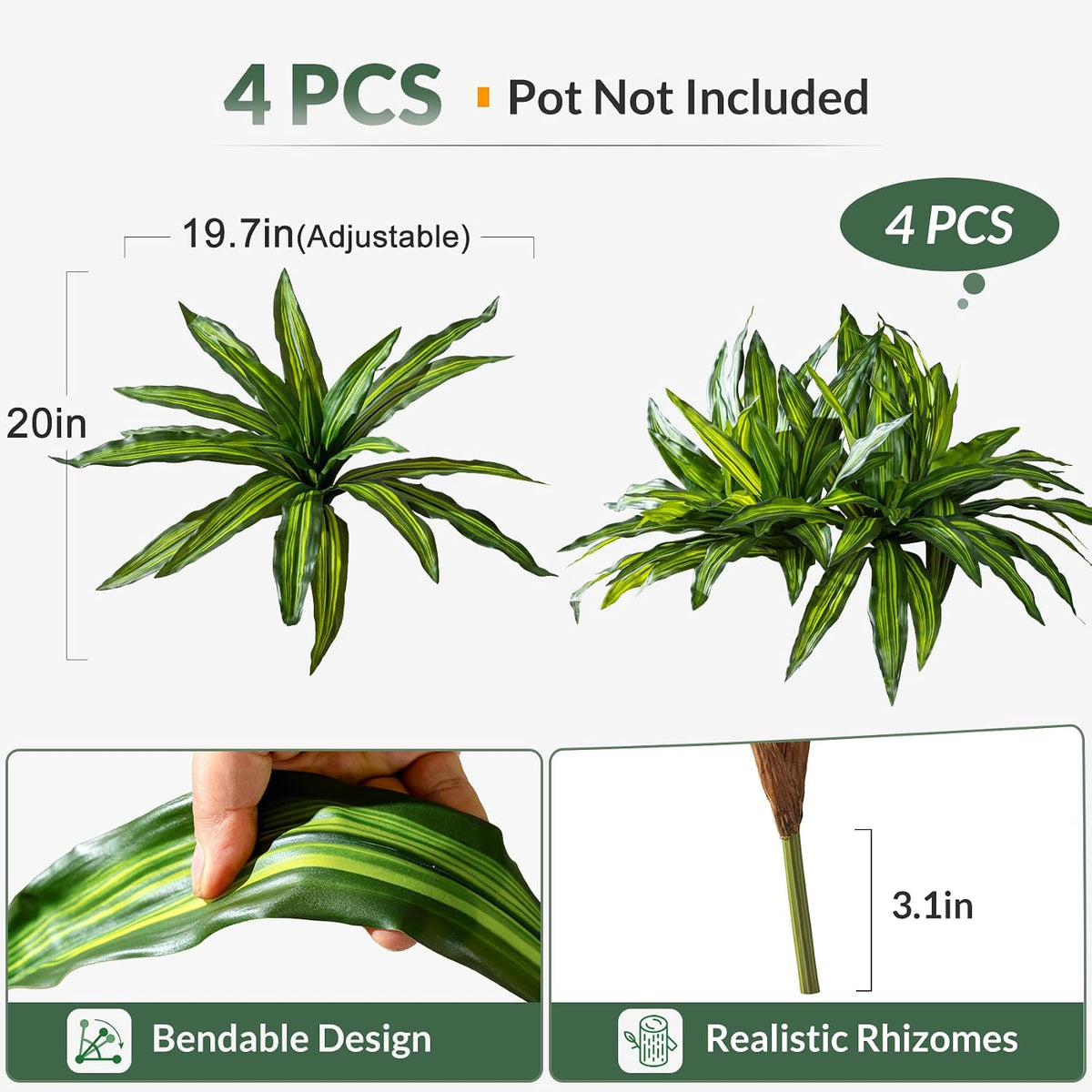 4 Pcs Artificial Greenery Stems Dracaena Faux Branches Artificial Plants Realistic Fake Dracaena Greenery Realistic Plants for Indoor Outdoor Porch Patio Home Office Living Room Decor (Light Green)