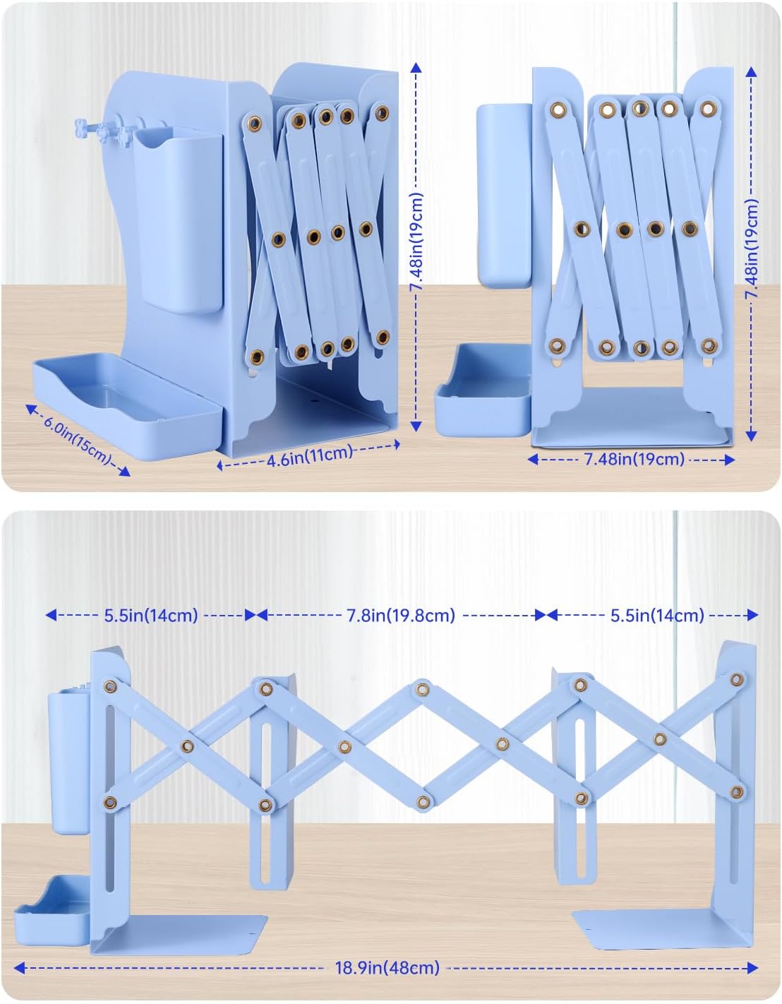 Honagu Adjustable Bookends, Metal Book Ends for Shelves Heavy Book, Bookend for Home, Office, Books, Papers, Book Stopper with Removable Hook, Pen Holder, Gifts for Students, Teachers（Light Blue）