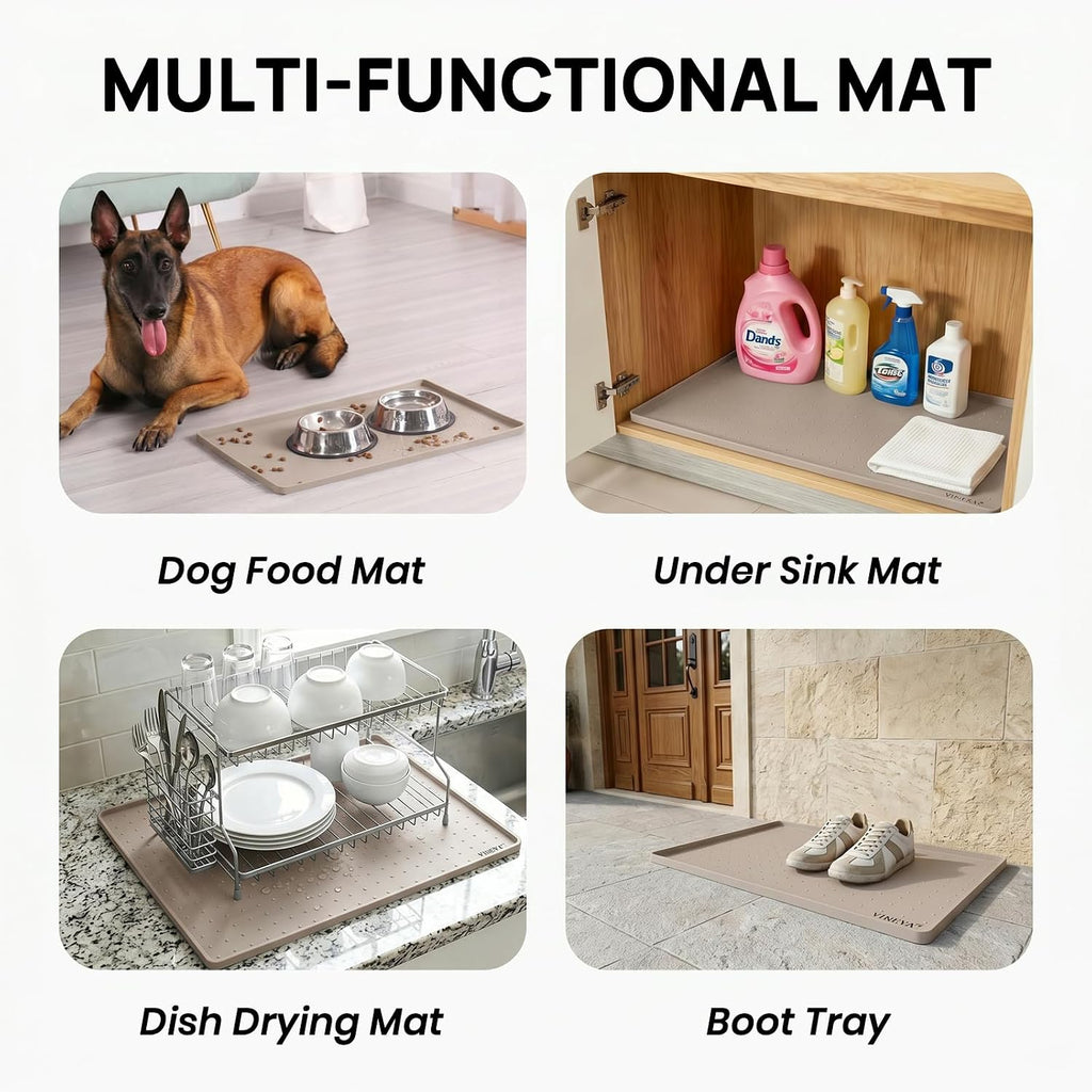 YINEYA 22" x 14" Silicone Dog Food Mat Waterproof, 0.6" Raised Edge(Taupe)