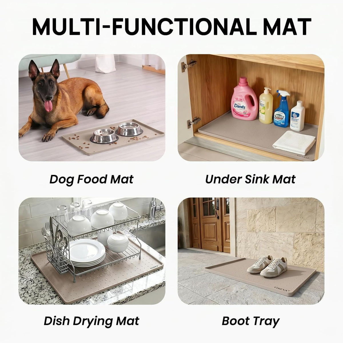 YINEYA 22" x 14" Silicone Dog Food Mat Waterproof, 0.6" Raised Edge(Taupe)