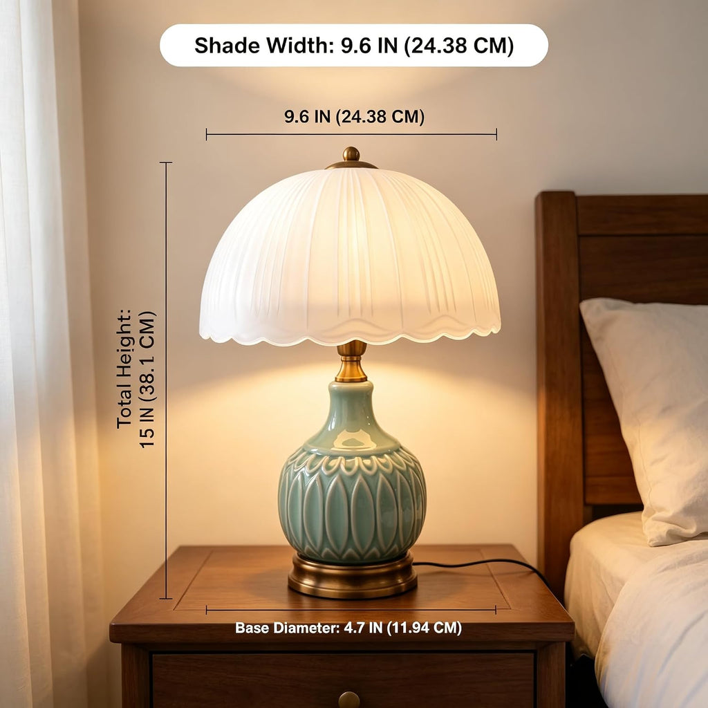 Table Lamps Ceramic Retro Lamp for Living Room,15." Modern Bedside Nightstand Traditional Lamps, Classic Chinoiserie Green Glass Lamp for Home (Retro)