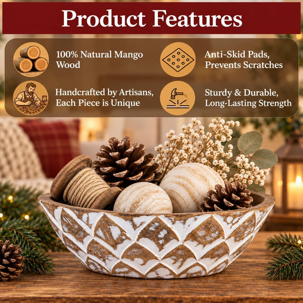 Mie Creations 10'' Decorative Wooden Bowl, Table Centerpiece for Decor