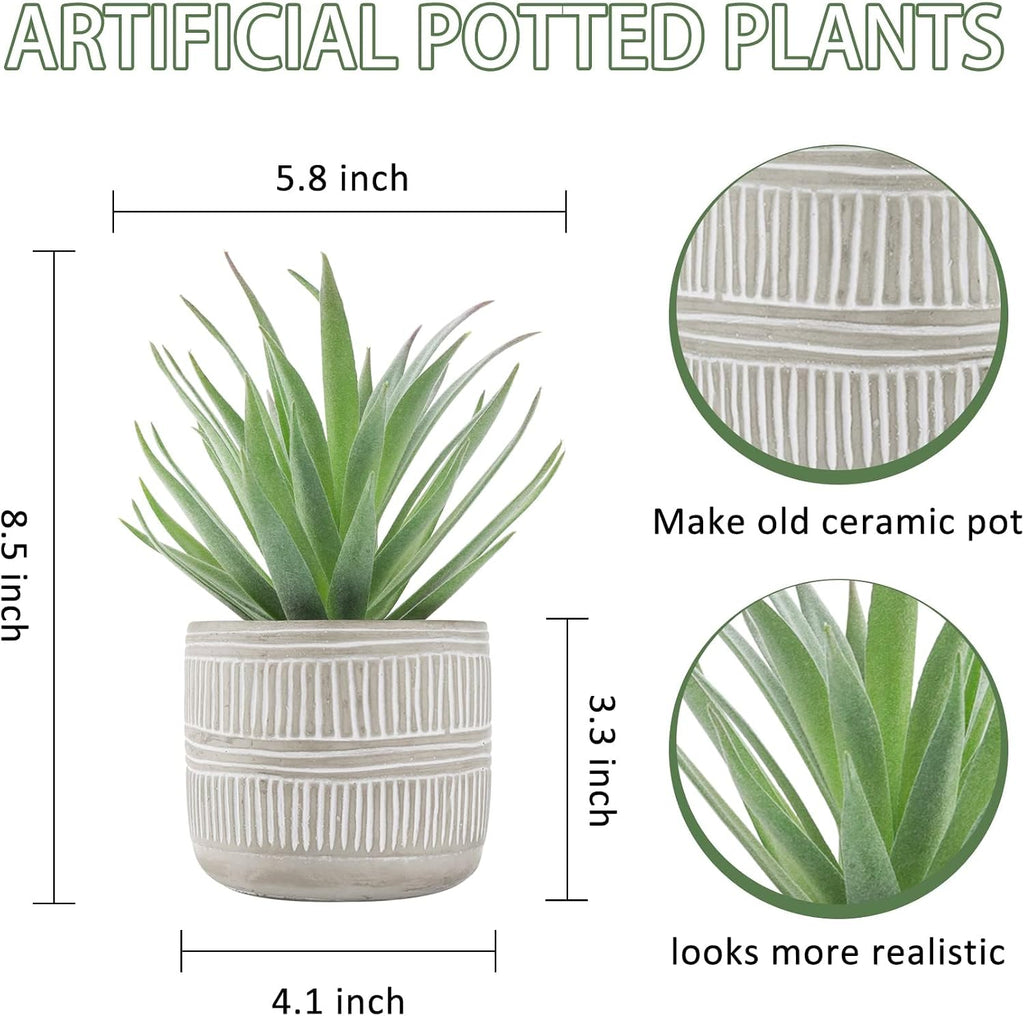 Der Rose 8.5" Fake Succulent Plant in Striped Ceramic Pot for Boho Decor