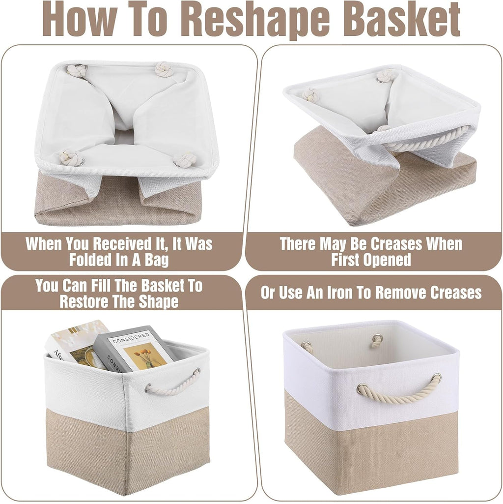 11 x 11 Inch Cube Storage Bins, 6 Pack Foldable Linen Organizer with Rope Handles for Home, Office, Closet, Clothes, Toys, White and Beige