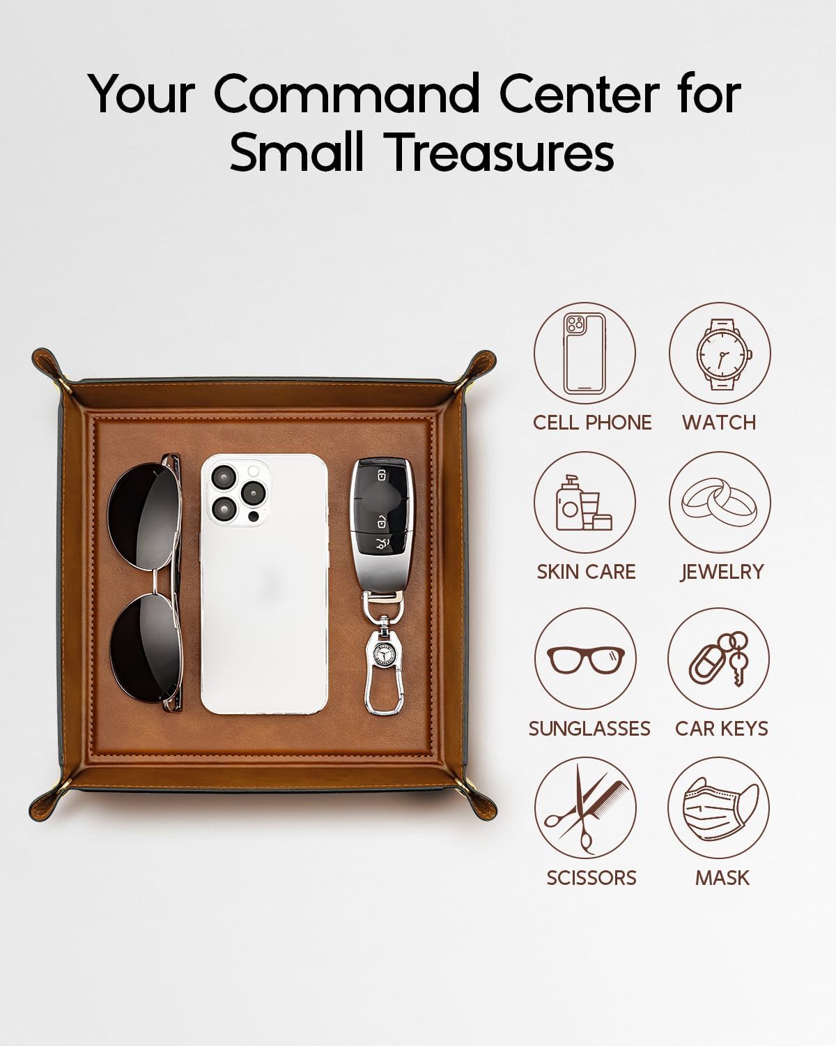 VLANDO Travel Valet Tray, Foldable PU Leather Catchall Tray, Light Brown