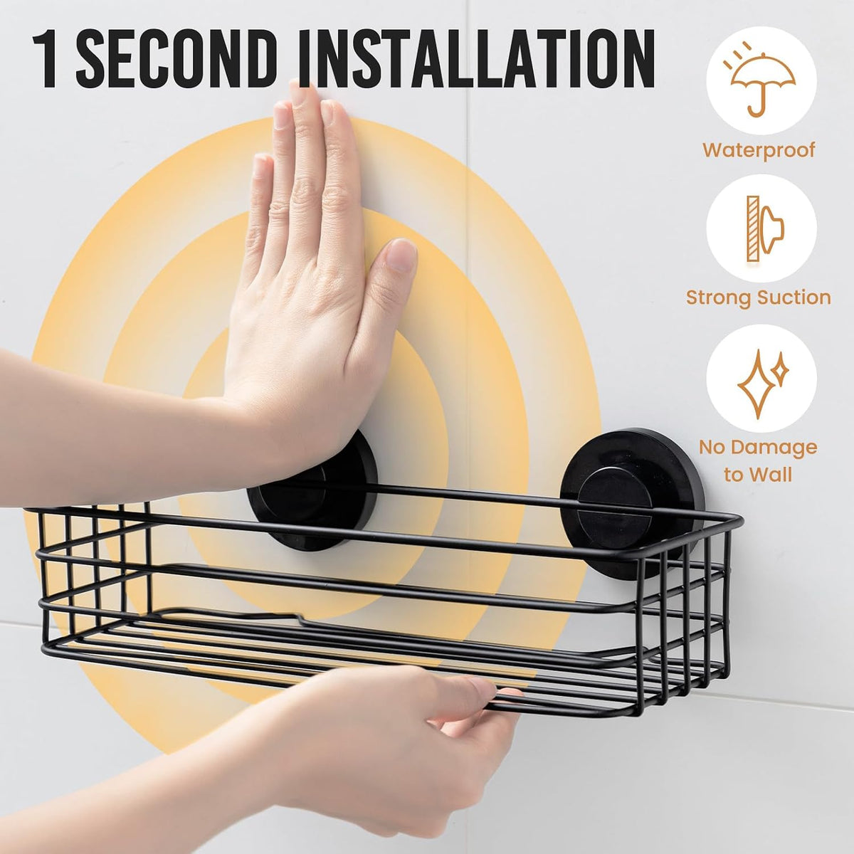 LEVERLOC Shower Caddy Suction Cup, 3 Pack Black Shower Shelf With Hook