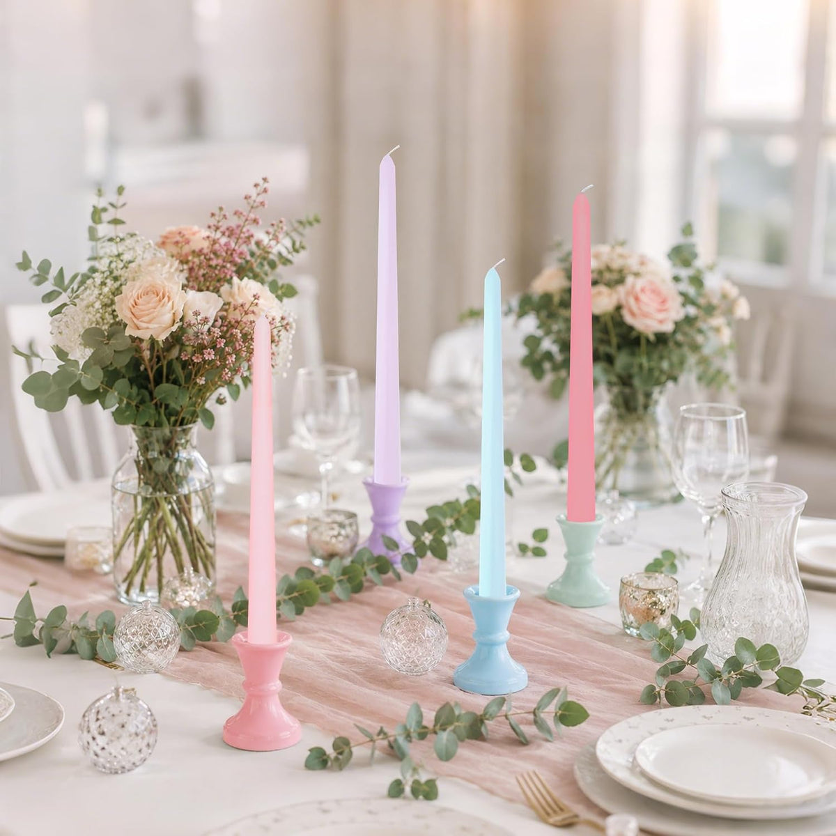10 Inch Taper Candles, 8 Pack Unscented Dripless Pink Purple Blue Candlesticks for Birthday, Wedding, Dinner, Party, Shower