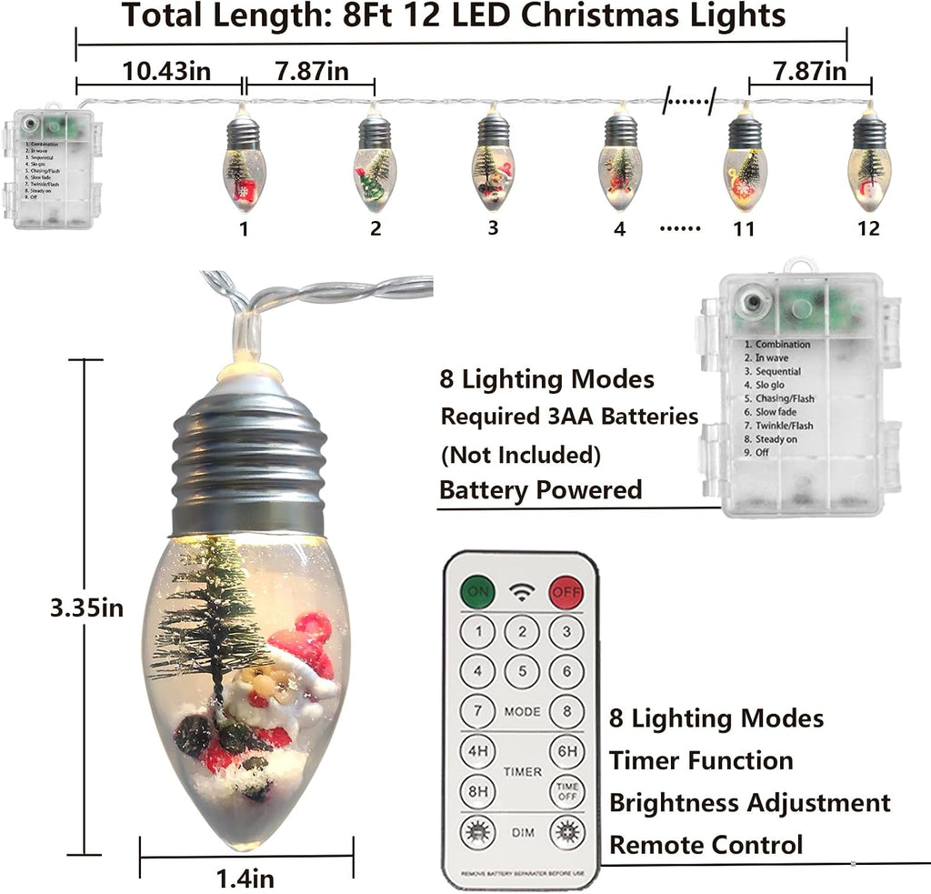Christmas Lights Indoor 8Ft 12 LED Snow Globe String Lights Battery Operated with Timer, Christmas String Light Indoor for Bedroom Porch Garden Party Fireplace Xmas Decor