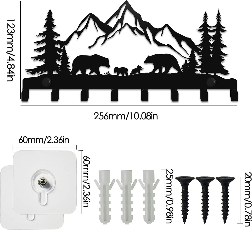 Keys Hooks for Wall, Key Holder Wall Mounter, Metal Bears Hooks, Christmas Decor, Metal Decor, Mountain Forest Wall Mount Hanger Rack for Entryway Front Door Kitchen Hallway Garage Office (Bear)