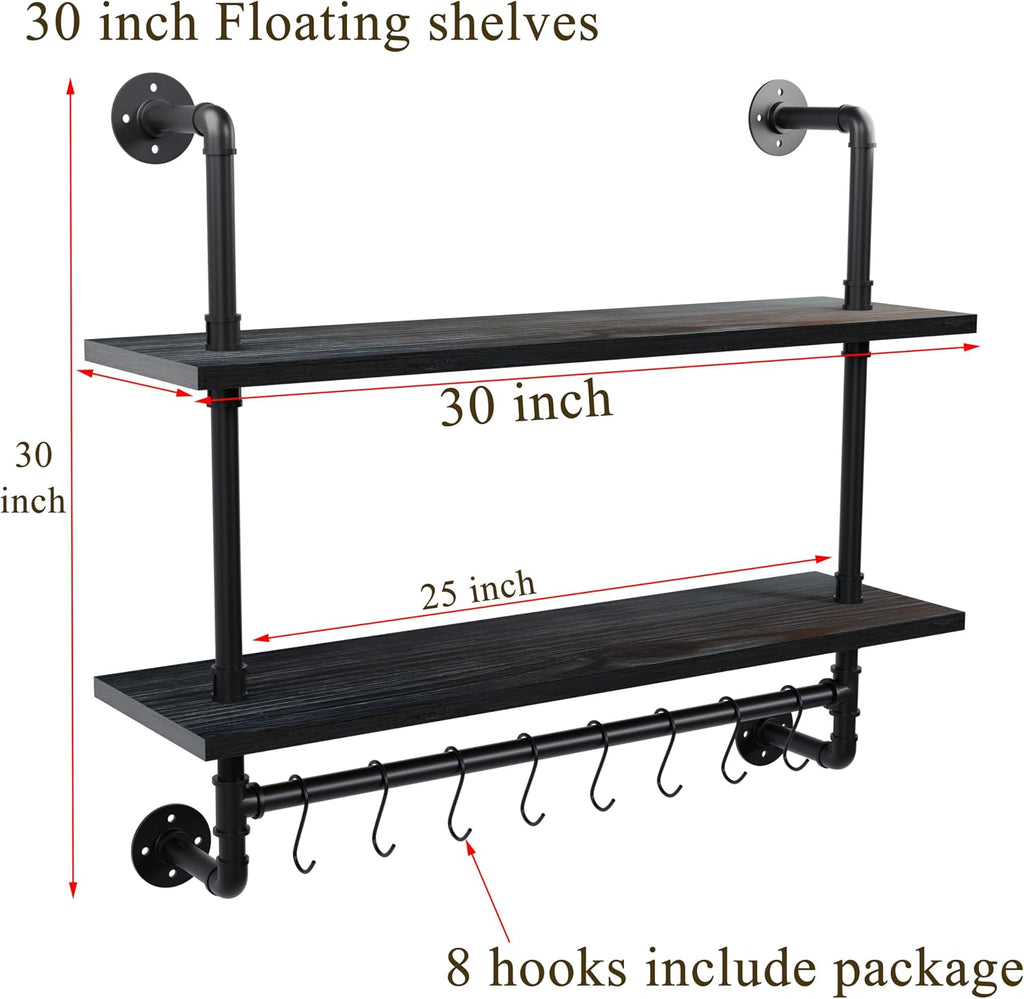 ROGMARS Industrial Pipe Shelving Pine Wood Black Floating Shelves for Wall