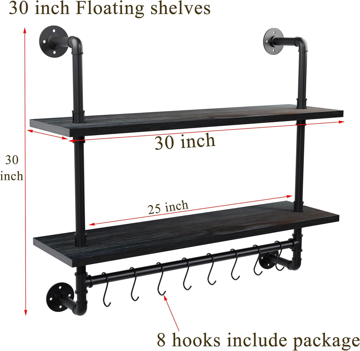 ROGMARS Industrial Pipe Shelving Pine Wood Black Floating Shelves for Wall