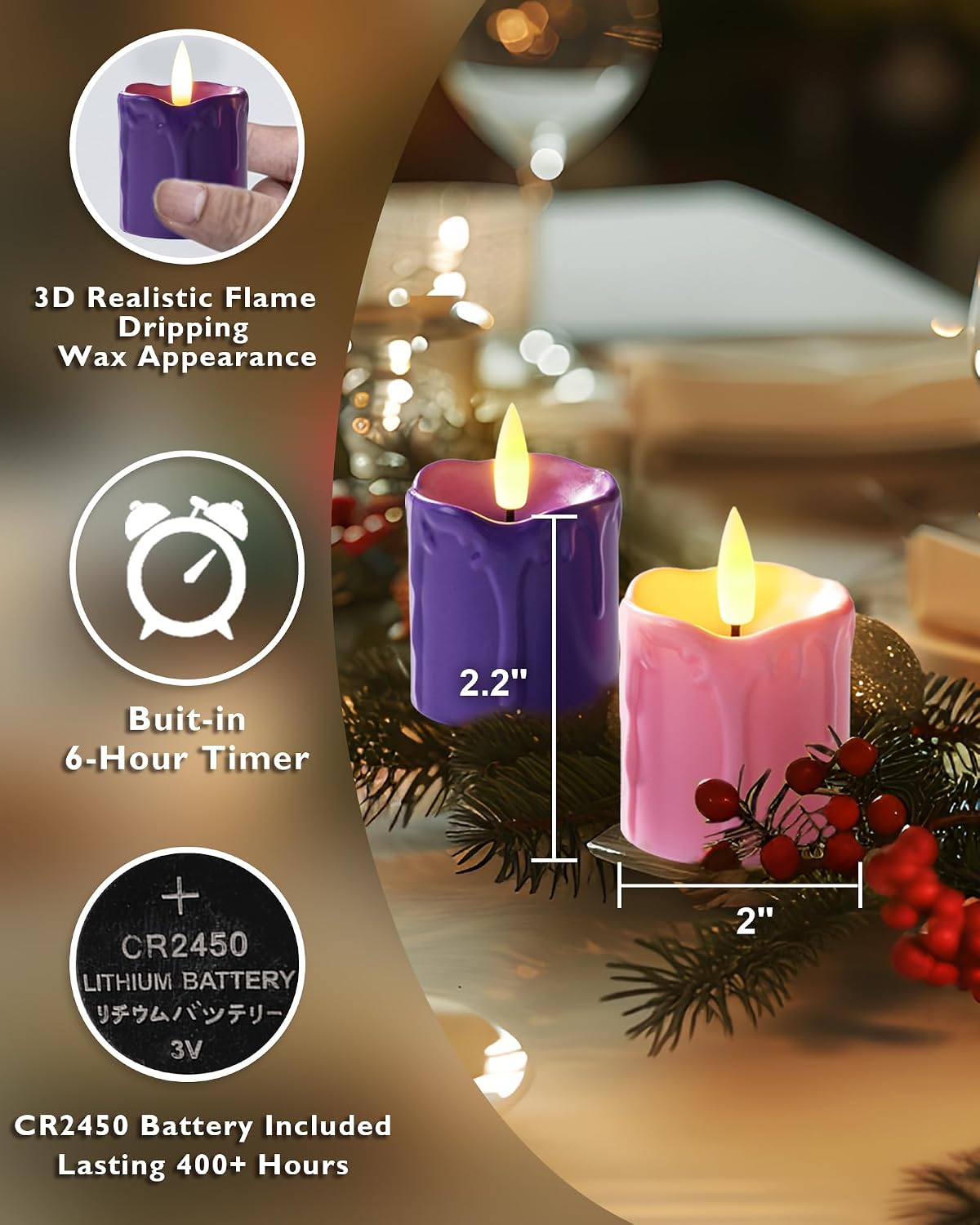 Homemory 2"x 2" Purple & Pink 6 Hour Timer Flameless Votive Candles, 6 Pack