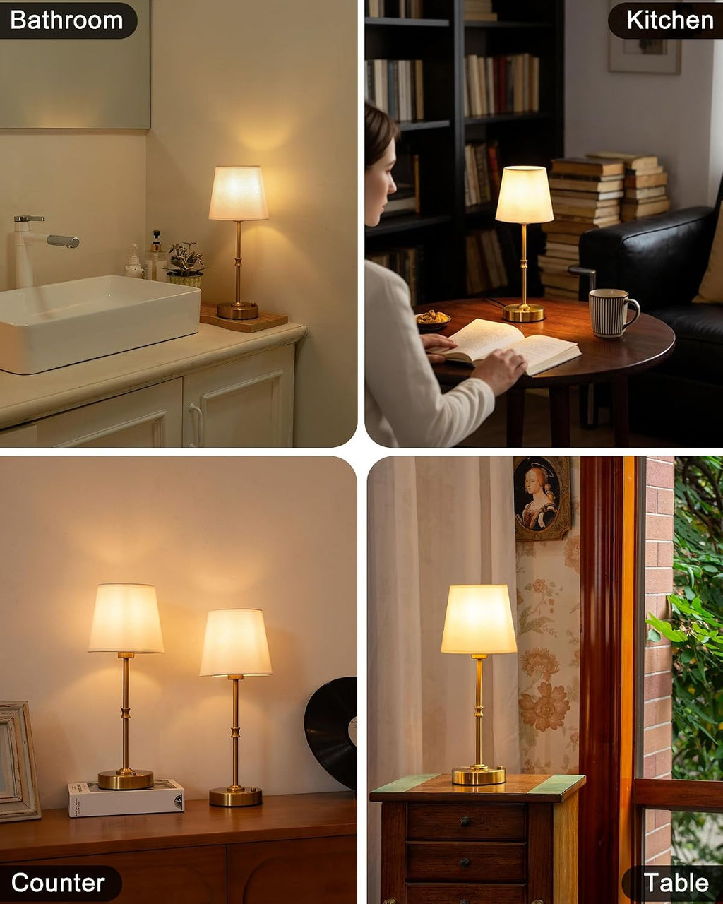 EppieBasic Cordless Table Lamp Rechargeable: Fast Charging & Long Lasting - 2700K Warm Light Vintage Gold Lamps for Women Housewife - Dinning Living Room Bedroom - 2 Pack