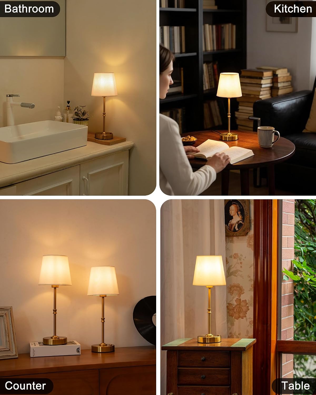 EppieBasic Cordless Table Lamp Rechargeable: Fast Charging & Long Lasting - 2700K Warm Light Vintage Gold Lamps for Women Housewife - Dinning Living Room Bedroom - 2 Pack