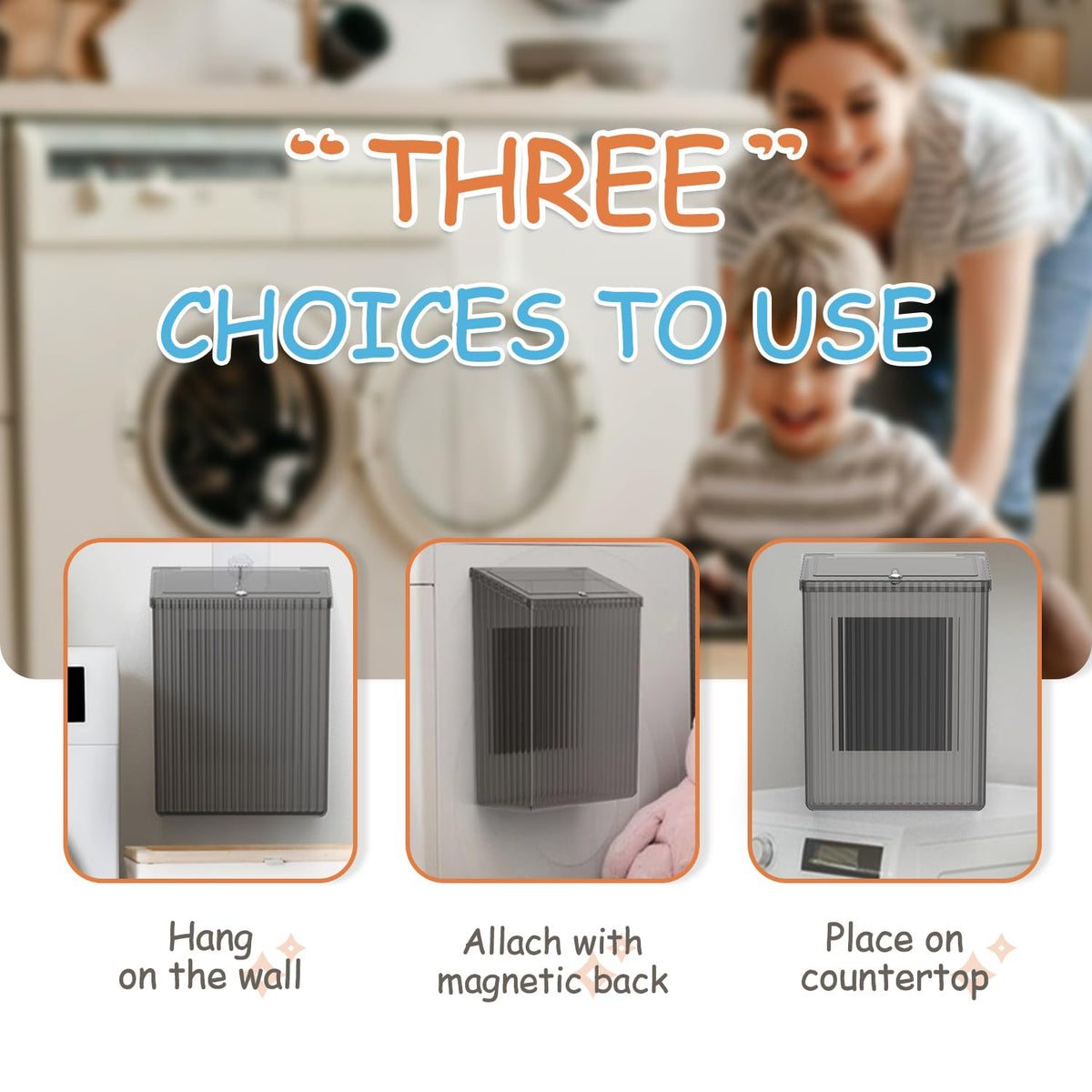 Sealegend Magnetic Trash Can with Lid, Space Saving Lint Bin Black